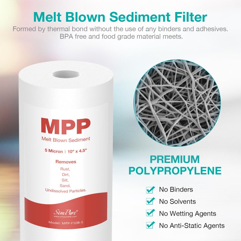 SimPure Sediment Water Filters, 5 Micron 10" x 4.5" Whole House Water Filter Replacement Compatible for W15-PR, DGD-5005, FP15B, HD-950A, GXWH35F, GXWH30C for Well Water, 4 Pack - Image 2